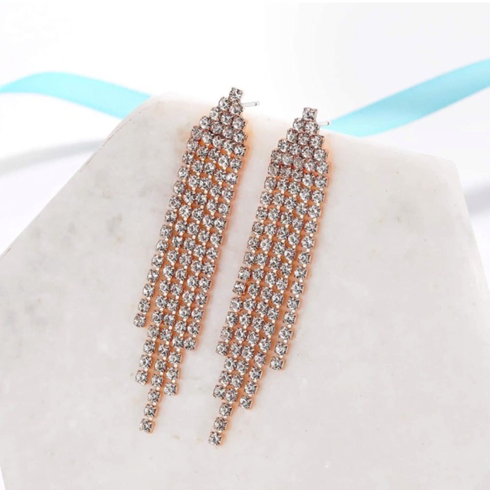 ROSE GOLD Chandelier Tassel Dangle Linear Drop Earrings Austrian Crystals